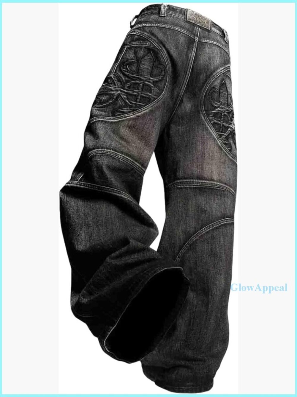 High Rise Wide Leg Jeans with Gothic Embroidery, Loose Fit Denim